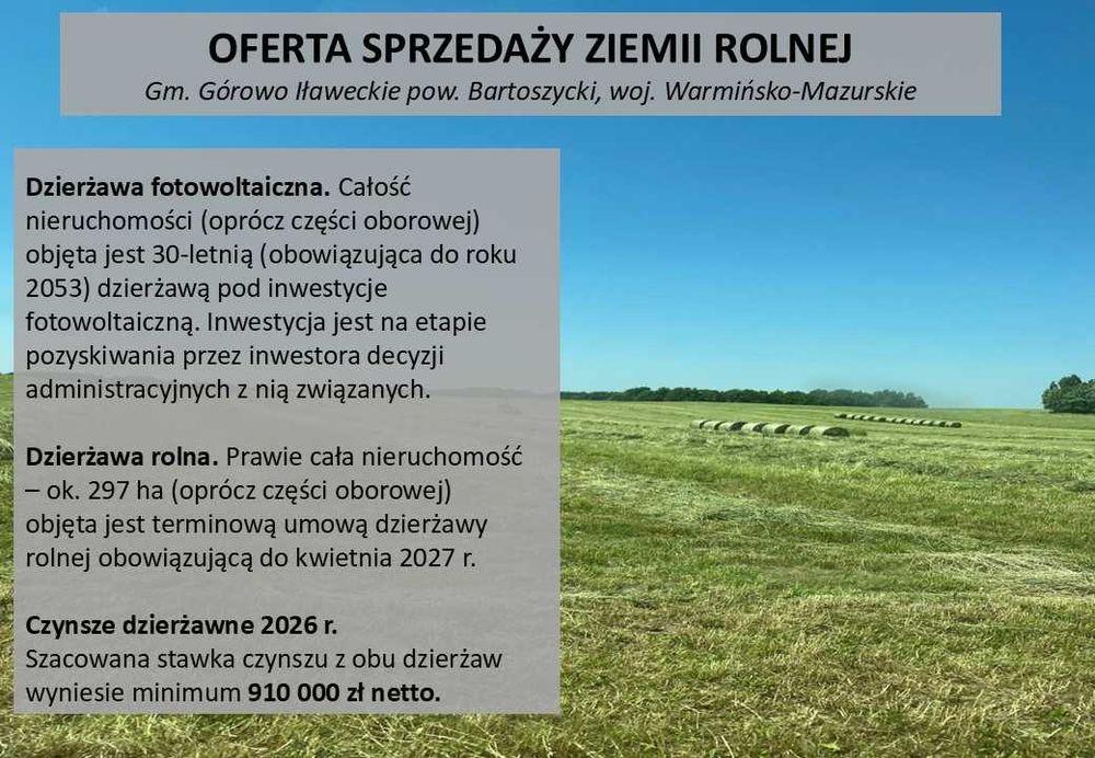 Ziemia rolna - 330 ha, hala użytkowa - 1120 m2, Warmińsko-Mazurskie