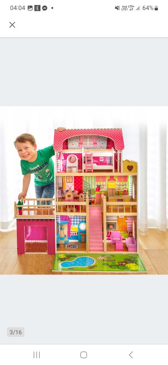 Drewniany domek dla lalek z garażem XXL ŚWIATŁO LED OGRÓD MEBEL