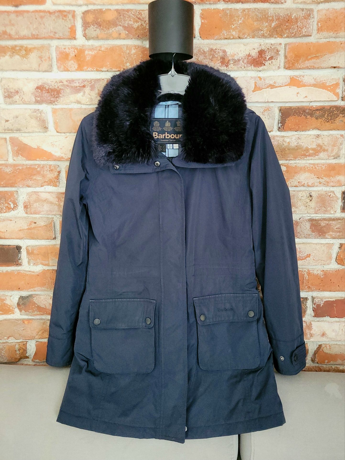 Kurtka Barbour Summer Tartan XS 34 oryginalna markowa granatowa z kapt