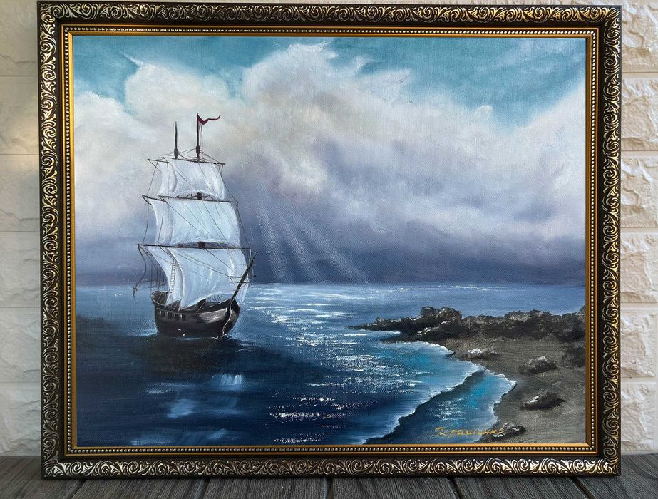 Картина  Морской Пейзаж Море Небо Корабль Холст Масло 40/50