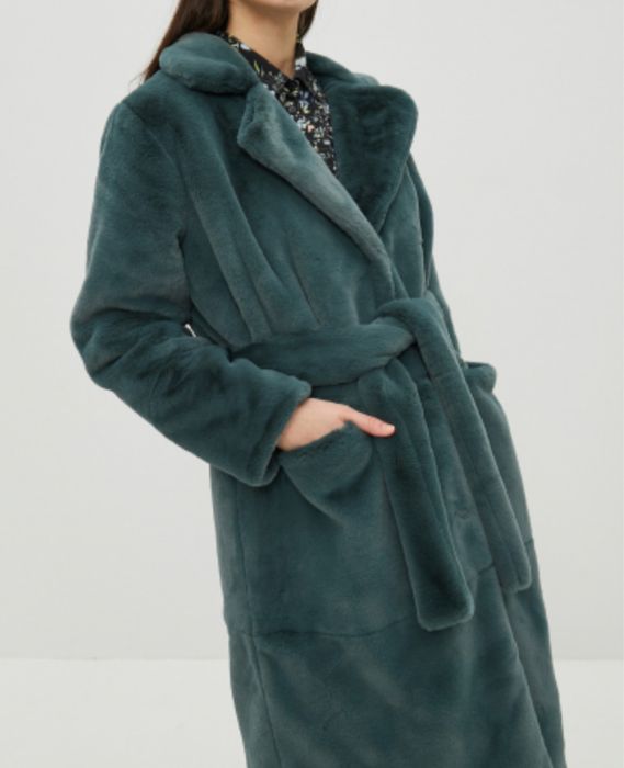 Зелена еко шуба пальто під ремінь