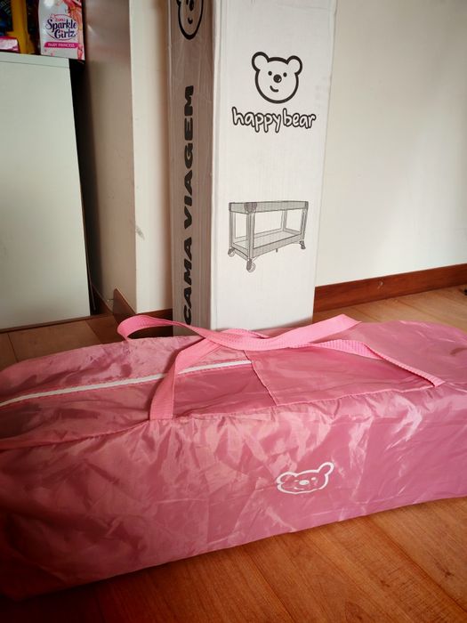 Cama de viagem happy bear rosa
