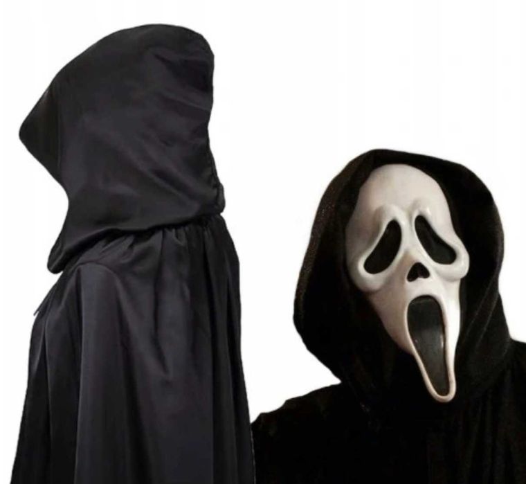 STRÓJ KOSTIUM HALLOWEEN maska krzyk śmierć peleryna czarna długa