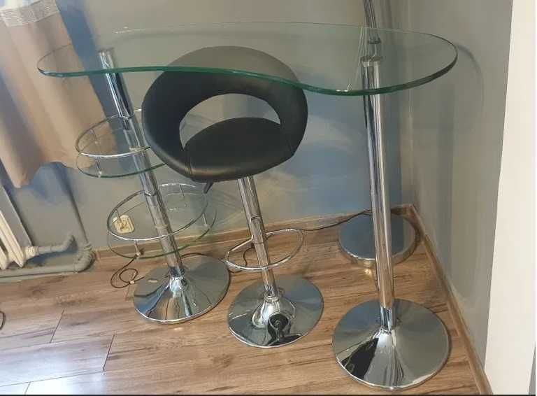 Barek szklany stolik bar chrom + 2 hokery stołki
