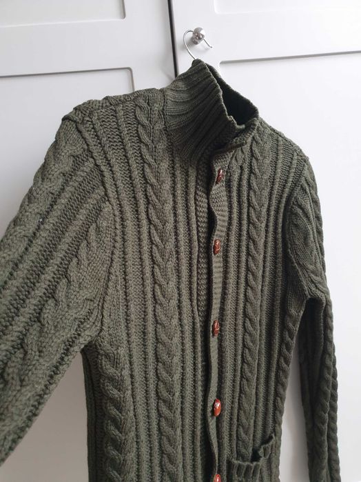 Zielony khaki sweter kardigan wełniany zapinany z warkoczem GAP S 36