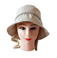 Beżowy kapelusz letni, elegancki bucket hat na lato, z białą taśmą
