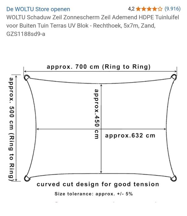 Shade sail sunshade / Garden canopy 5x7m