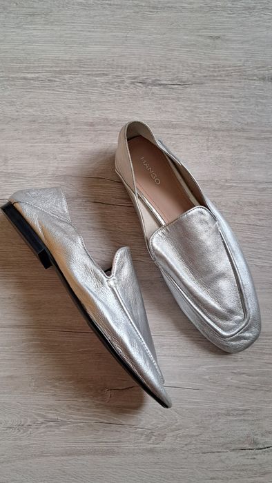 Mango Срібні шкіряні лофери-балетки 100% шкіра (38-39 розмір)