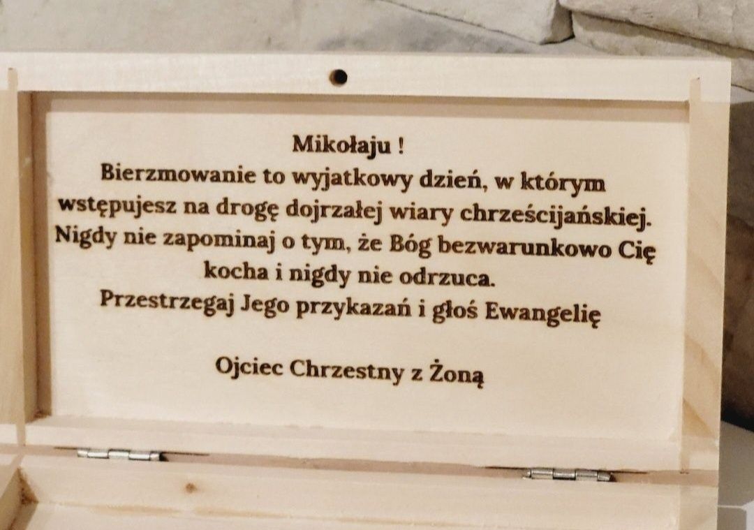 Pamiątka Bierzmowania Prezent Drewniana koperta Pudełko na pieniądze