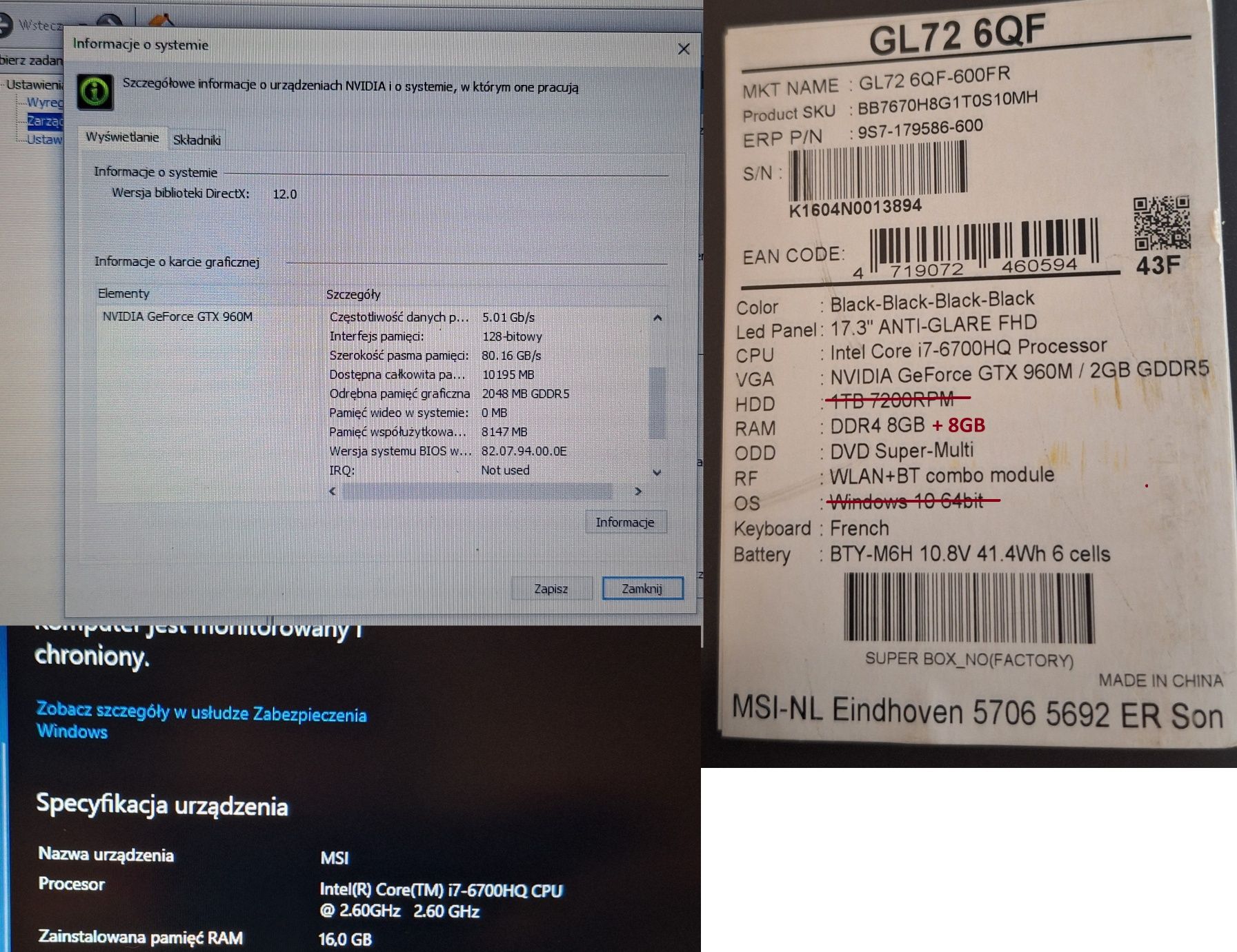Laptop MSI GL72 - 17.3" - 16GB Ram - GTX 960M 2GB - i7-6700HQ