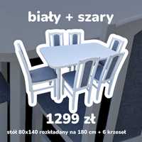 Nowe Stół 80x140/180 + 6 krzeseł, biały + szary, OD RĘKI