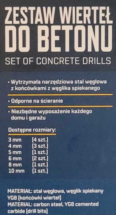 Wiertła do betonu. Zestaw 12 szt. 3-10mm.
