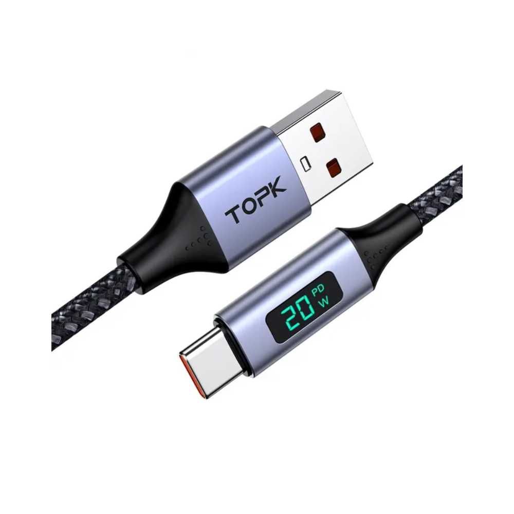 Kabel TOPK USB-A microUSB 3A z Cyfrowym Wyświetlaczem LED - Szary QC 1