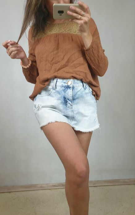 Bluzka ciążowa brązowa, luźna ,beżowa koronka M/L