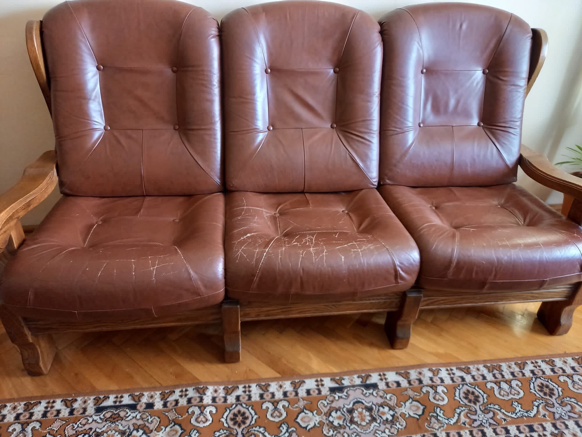 Skórzany komplet sofa  trzyosobowa 2 fotele skóra naturalna