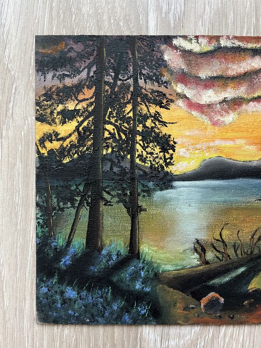 Krajobraz ekspresyjny drzewa nad jeziorem arkryl na desce