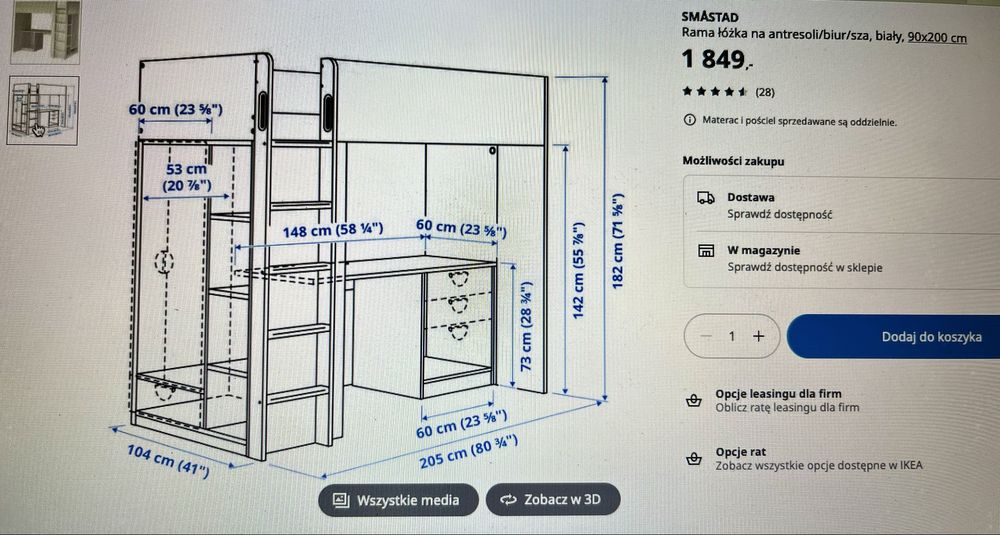 IKEA białe łóżko na antresoli z biurkiem-UŻYWANE -Warszawa Ursynów