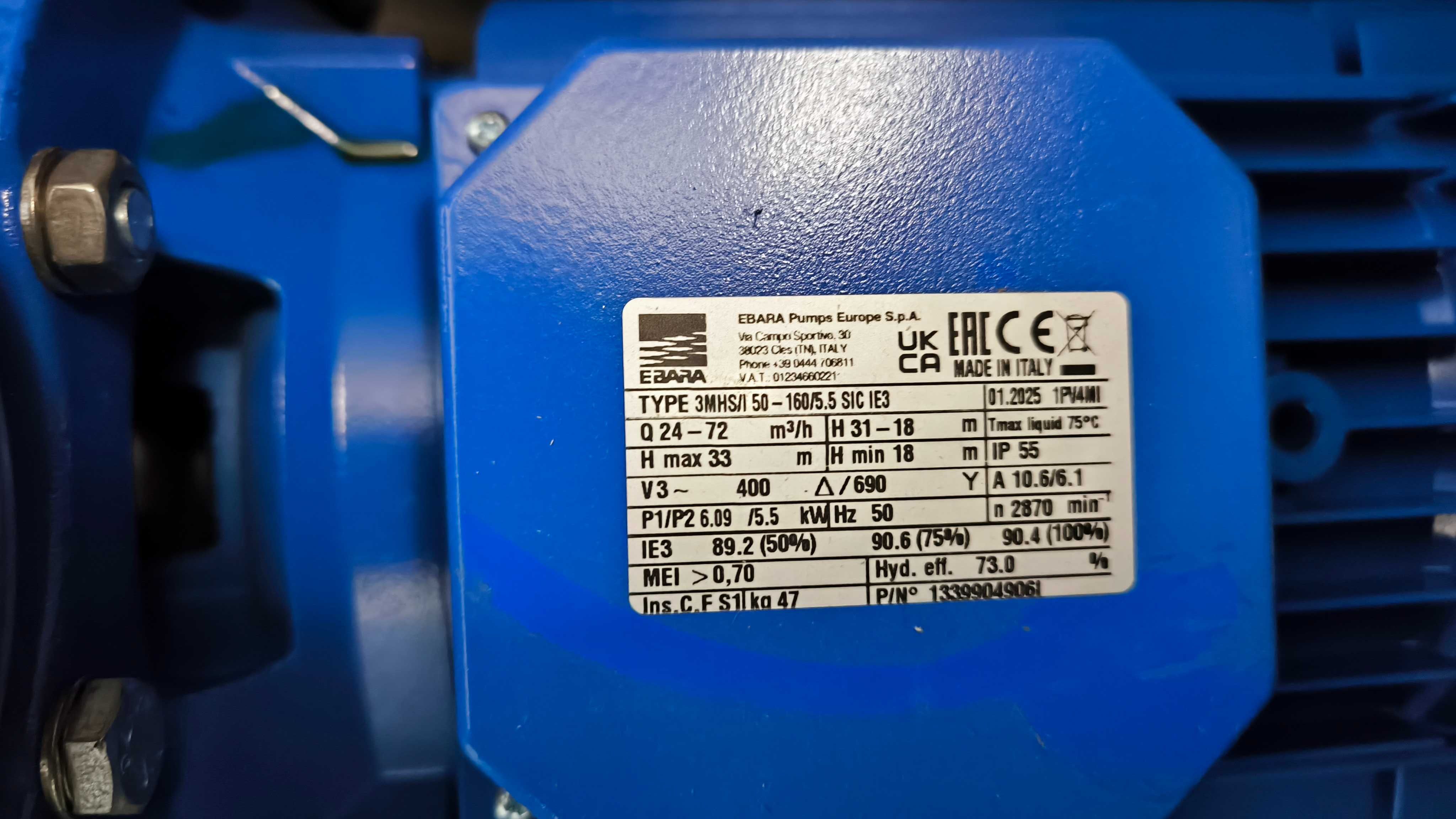 Pompa nierdzewna Ebara typ 3MHS/I 50 - 160/5.5 SIC IE3 - silnik 5,5kW