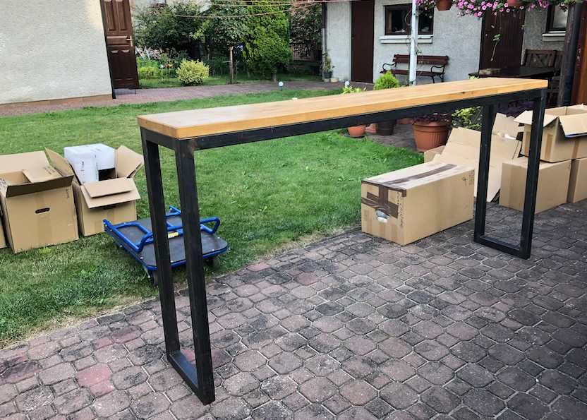 Stół warsztatowy BAROWY wysoki stalowy z dębowym blatem