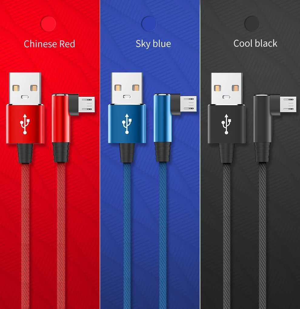 Kabel  USB A -Micro USB 3 metry Kątowy Mocny Oplot Niebieski 3A