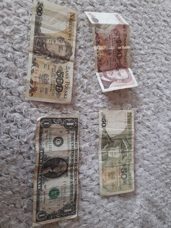 Stare pieniądze 100zl, 50 zł, 500 zł i 1 dolar