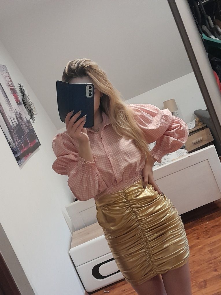 Koszula bluzka elegancka w kratkę bufiaste rękawy s m kobieca dekolt