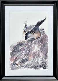 Pintura a aguarela com moldura - Coruja  / Framed owl painting