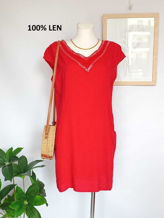 Czerwona sukienka krótka z kieszeniami 100% len Made in Italy  S  M