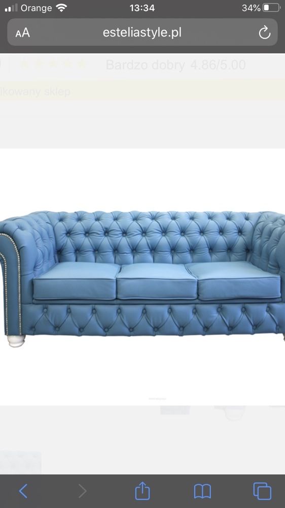 Sofa glamour pikowana zamsz 3 osobowa drewno