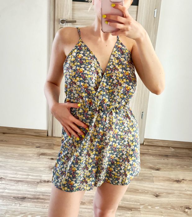 Kombinezon krótki kwiecisty kwiaty zielony żółty XS letni boho szorty