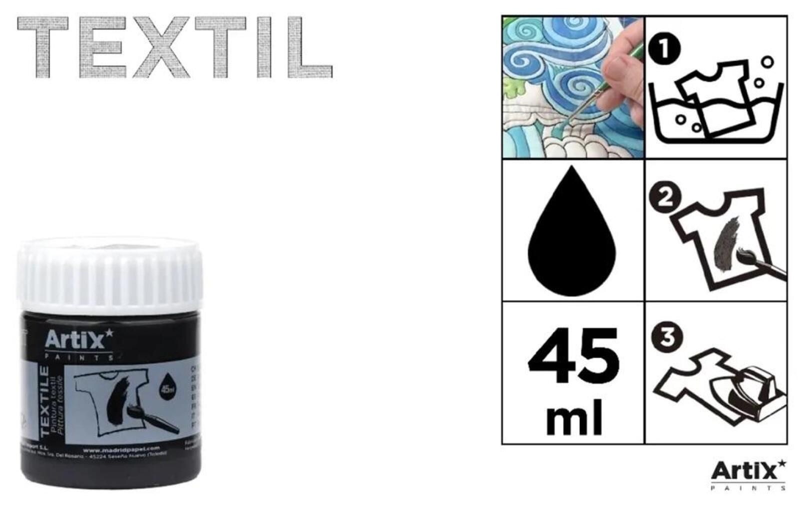 Farba do tkanin czarna 45ml (6szt) Artix pudełko,