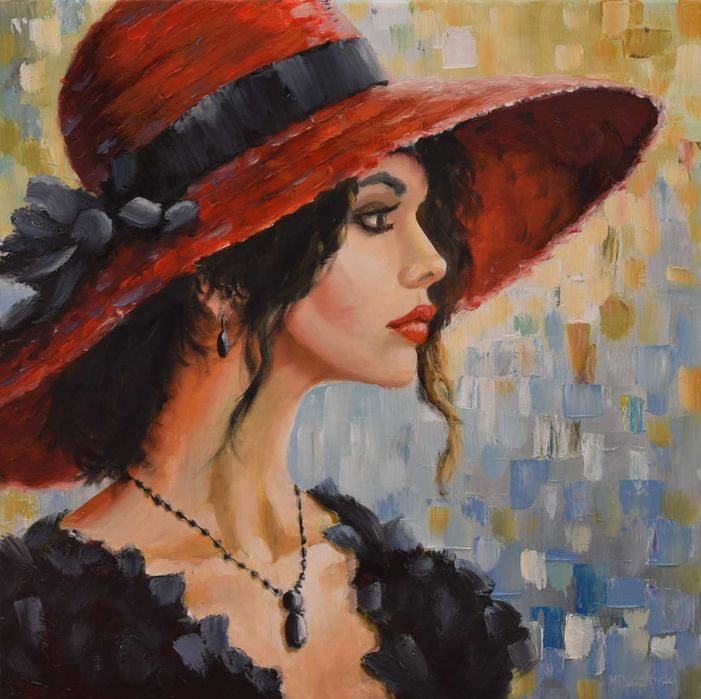 Marek Rudziński "Kobieta w czerwonym kapeluszu" Olej. 50x50cm.