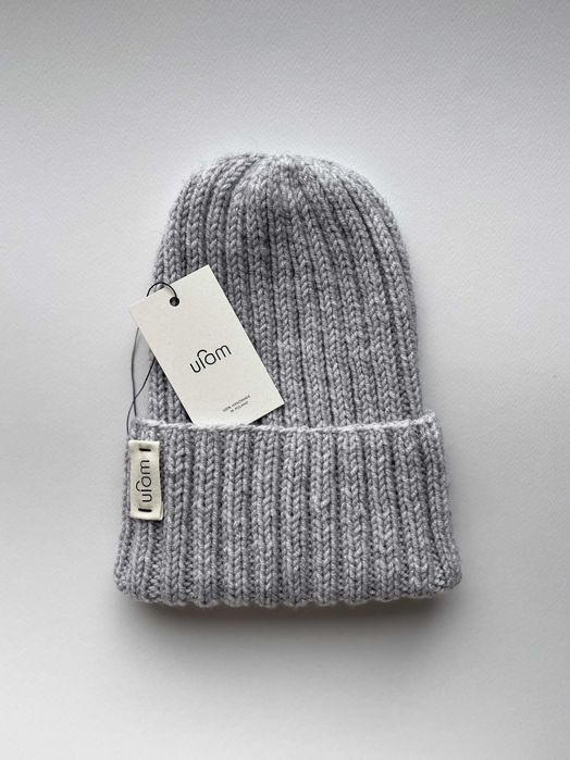 Czapka wełniana na drutach handmade by ufam rękodzieło popiel (nowa)