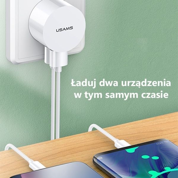 Przenośna Ładowarka Sieciowa USAMS T20 z USB-C, 2XUSB 2,1A, Biały