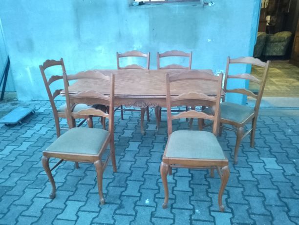 Stół rozkładany+6 krzeseł ludwik komplet dębowy