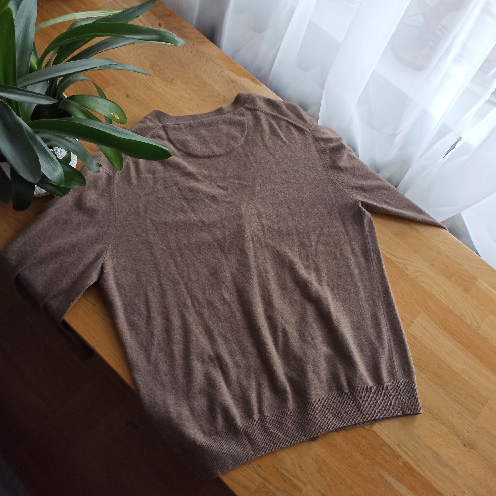 Męski kardigan kaszmirowy wełniany brązowy V-neck, unisex, modułowa sz