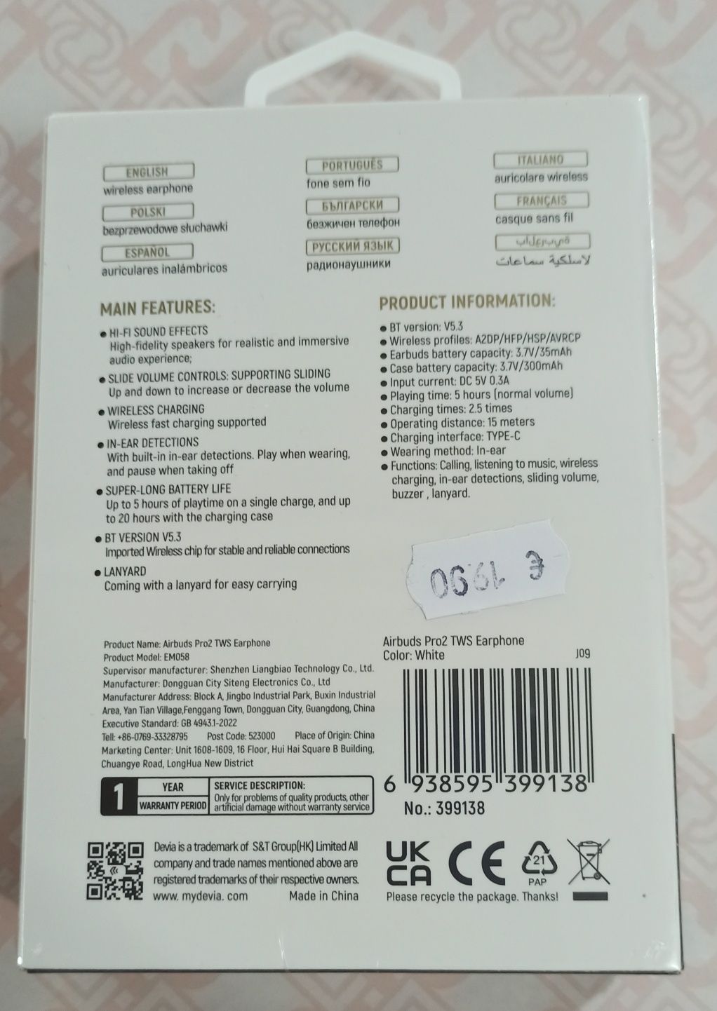 Devia Auscutadores / Fones True Wireless AirBuds Pro2 TWS (EM058)
