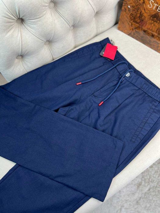 Мужские льняные брюки Kiton классические синие штаны Китон d070