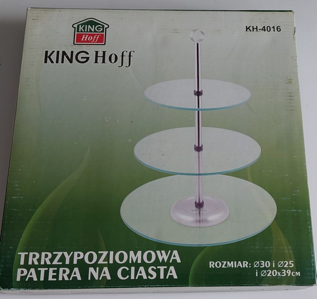 Szklana patera Kinghoff 3 poziomowa na ciasta i owoce nieużywana