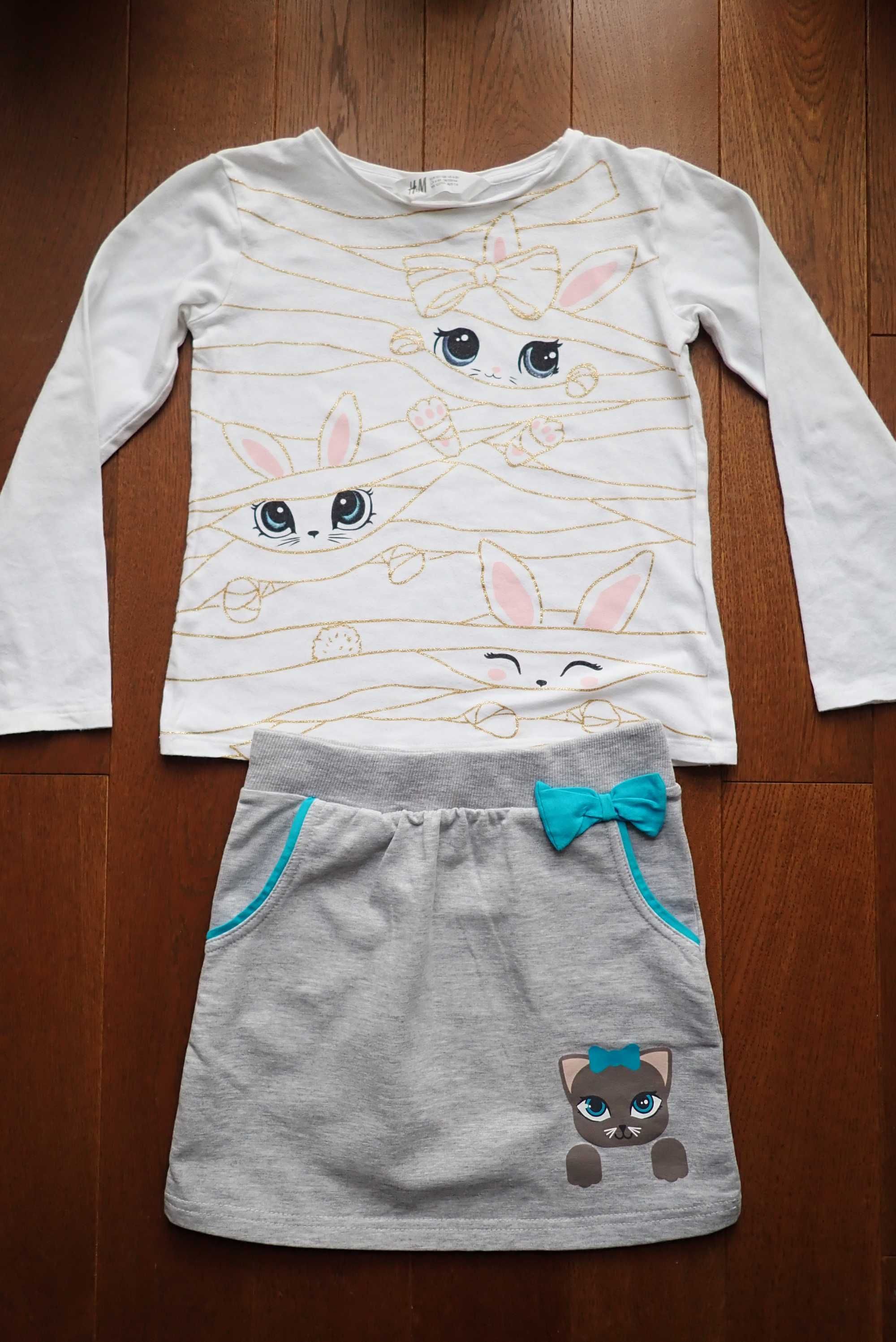 Bluzka w zajączki z H&M, spódnica z kotkiem + zestaw Minnie