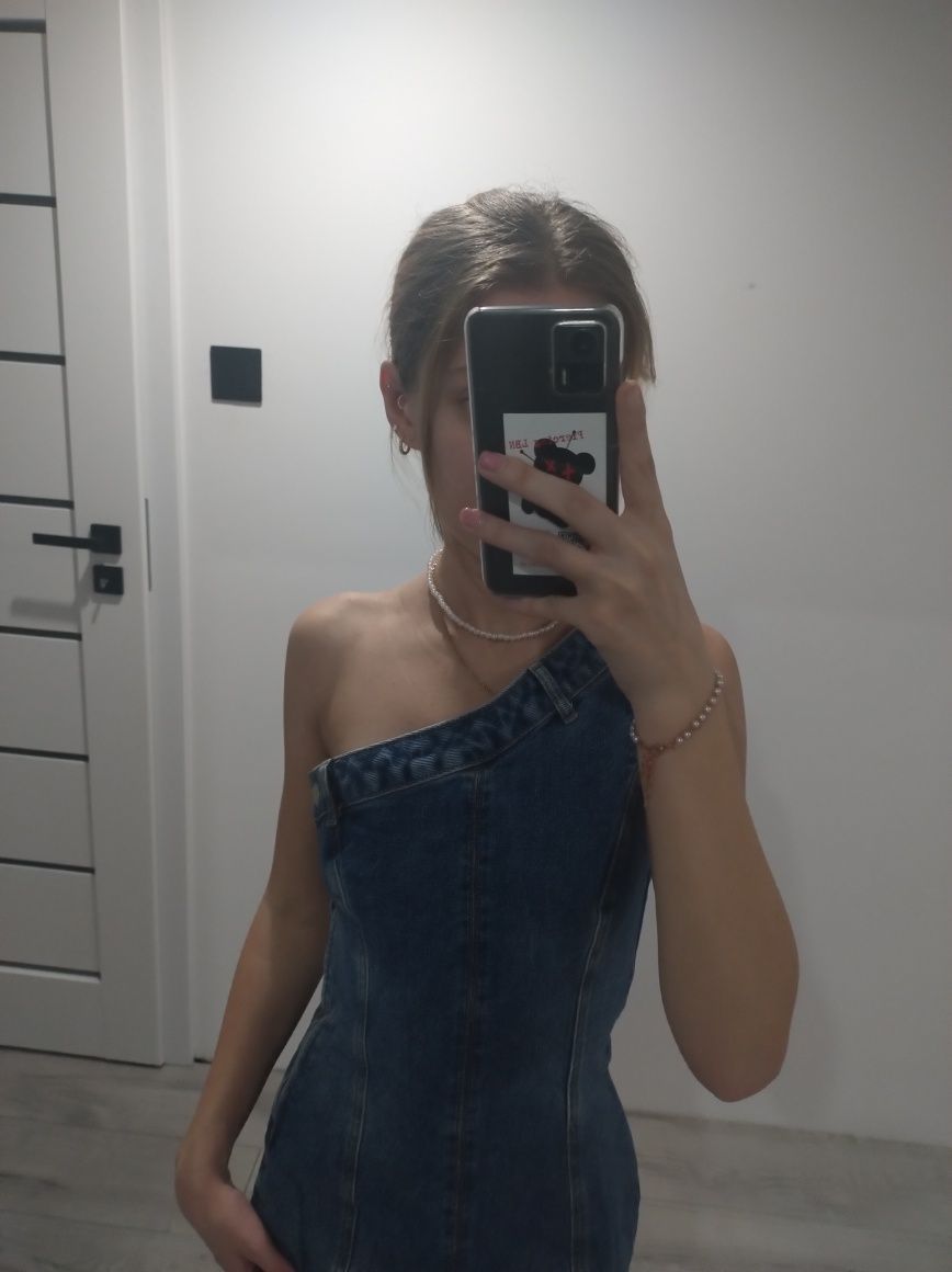 Sukienka mini jeansowa bombka asymetryczna taliowana y2k na jedno rami
