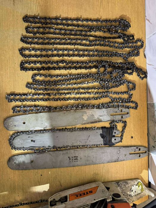 4 piły spalinowe+prowadnice+12 łańcuchów–po postoju, do przeglądu