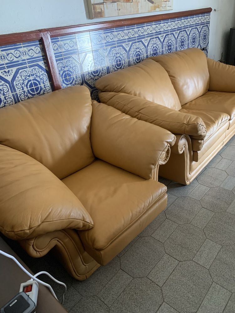 Terno de sofas em pele verdadeira