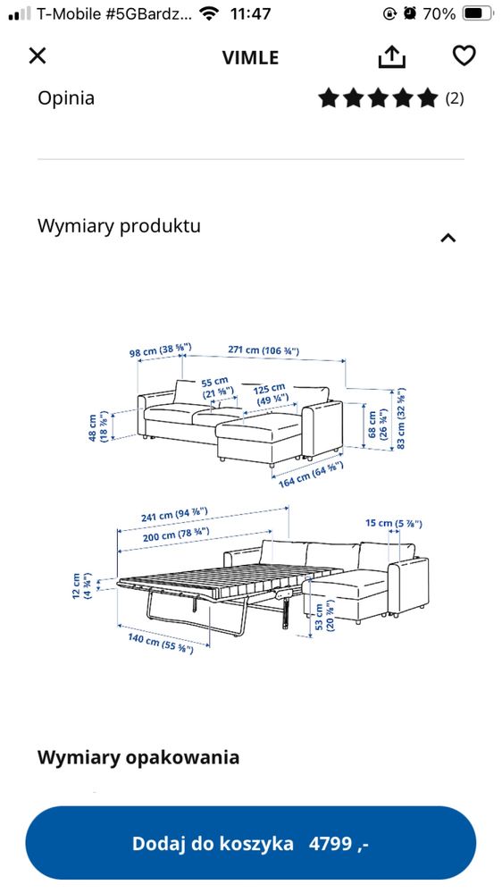 Sofa Ikea Vimle z szezlagiem+skrzynia na posciel+ dod materac jak nowa