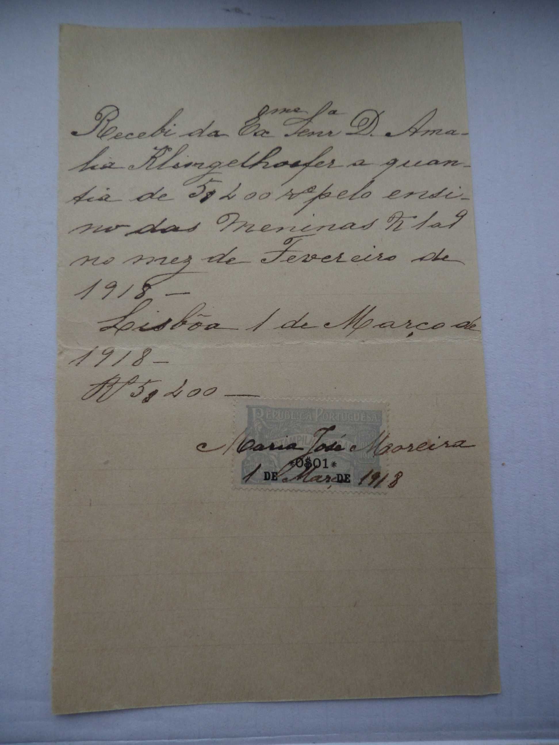 Documento :  Recibo Manuscrito, Selo 1 Centavo , 1918