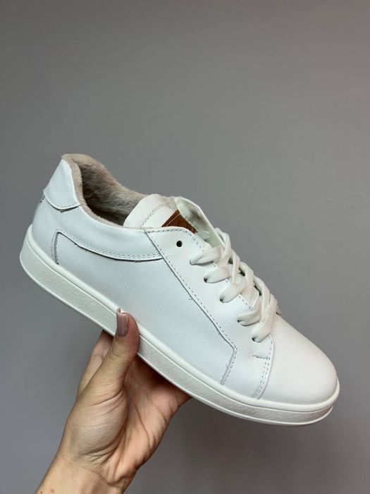 КРОССОВКИ ECCO Женские кеды на меху белые Кожа осень-зима Екко люкс