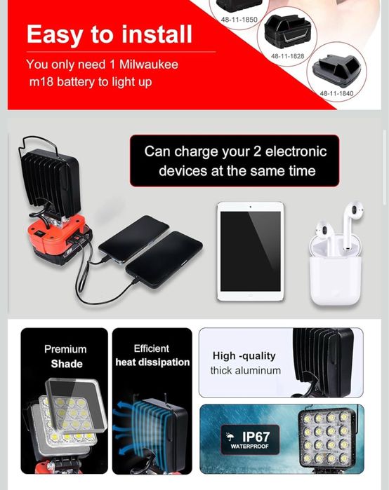 EDTRAN Lampa robocza Led pod akumulator Milwaukee 18V
