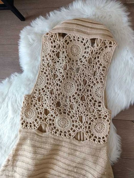 kamizelka narzutka  z wełną ażurowe plecy retro vintage M-XL