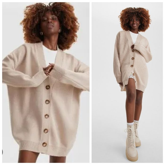 H&M S-L śmietankowy oversizowy kardigan prążki długi Luźny z wełną