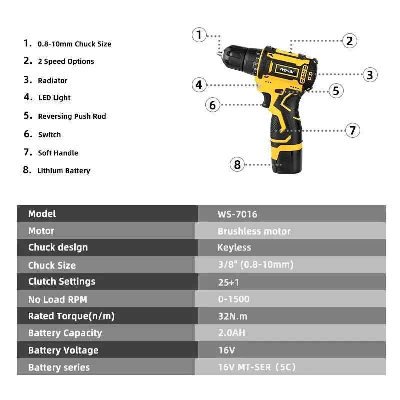 Бесщеточный шуруповёрт и винтоверт VVOSAI 16V Brushles